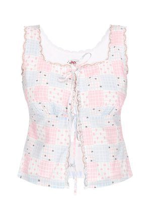 Hihaton pusero, jossa on vaaleanpunainen ja sininen ruutukuvio, pienet rusetin kuviot, pitsireunus kaula-aukon ympärillä ja solmittava etutie.