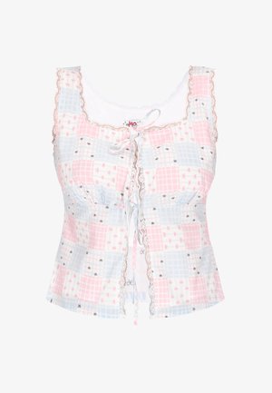 Ujjatlan blúz rózsaszín és kék kockás mintával, apró masni nyomatokkal, csipkés szegéllyel a nyakkivágásnál és elöl megkötős rögzítéssel.