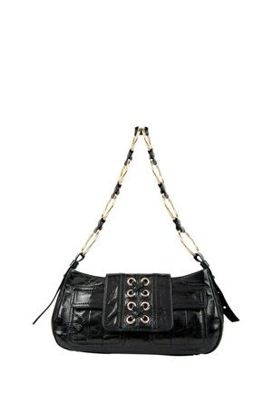Black patent leather handbag with gold chain strap and front flap featuring crisscross lace detail.