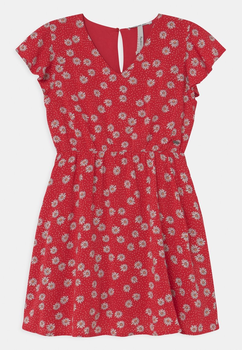 Un vestido rojo con un patrón floral de margaritas blancas y pequeños puntos. Tiene mangas cortas con vuelo y un escote en V con un detalle de abertura en la espalda.