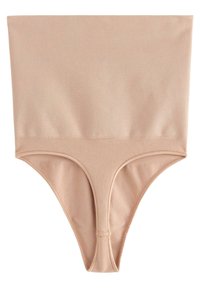 Tanga nude senza cuciture a vita alta realizzato in tessuto elasticizzato, caratterizzato da una texture liscia, una fascia ampia in vita e un design minimalista.