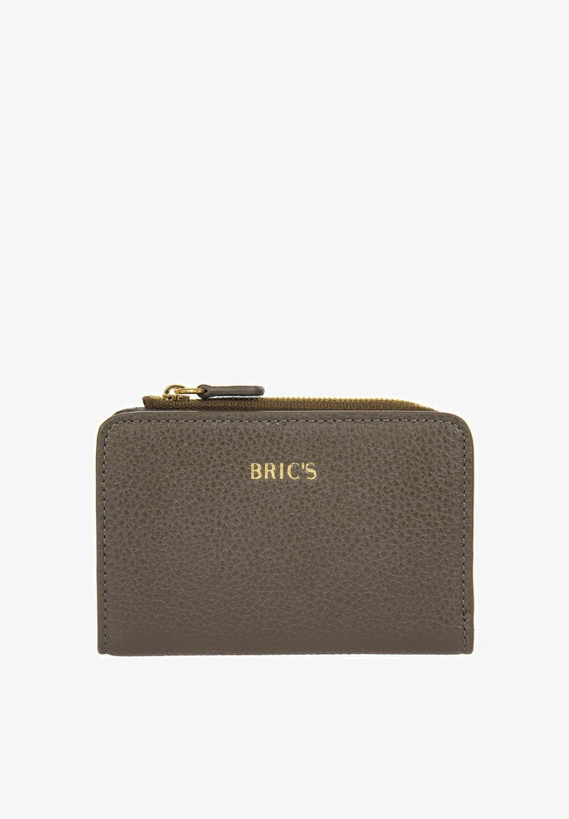 Portefeuille en cuir olive texturé avec un logo BRIC'S en or, doté d'une fermeture éclair et d'un design minimaliste.