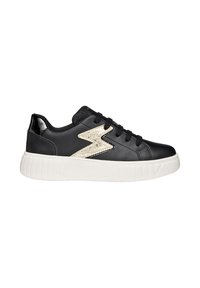Sorte lædersneakers med en chunky hvid sål, der har et design af en guldglitrende lynbolt på siden og sorte snørebånd.