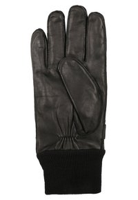 Sort læderhandske med fem fingre, elastisk håndled og en strikket sort ærme; glat tekstur med et klassisk design.