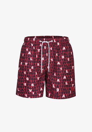 Rote Badeshorts mit schwarzem und weißem Schriftzug „ITALIA 1969“ überall und weißem Kordelzug in der Taille.