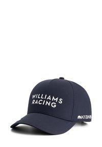 Granatowy kapelusz z białymi logo "WILLIAMS RACING" i "kraken". Posiada zakrzywiony daszek oraz gładki materiał.