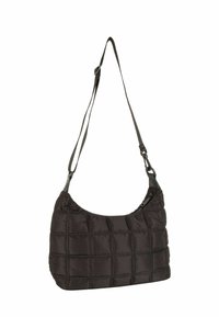 Borsa a tracolla nera trapuntata in nylon, con una singola tracolla regolabile, chiusura con cerniera e design rettangolare con motivo a griglia testurizzata.