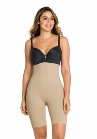 Beige bodysuit dat tot halverwege de dijen reikt met een zwarte underwire-beha. Glad textuur, naadloos ontwerp en verstelbare banden.