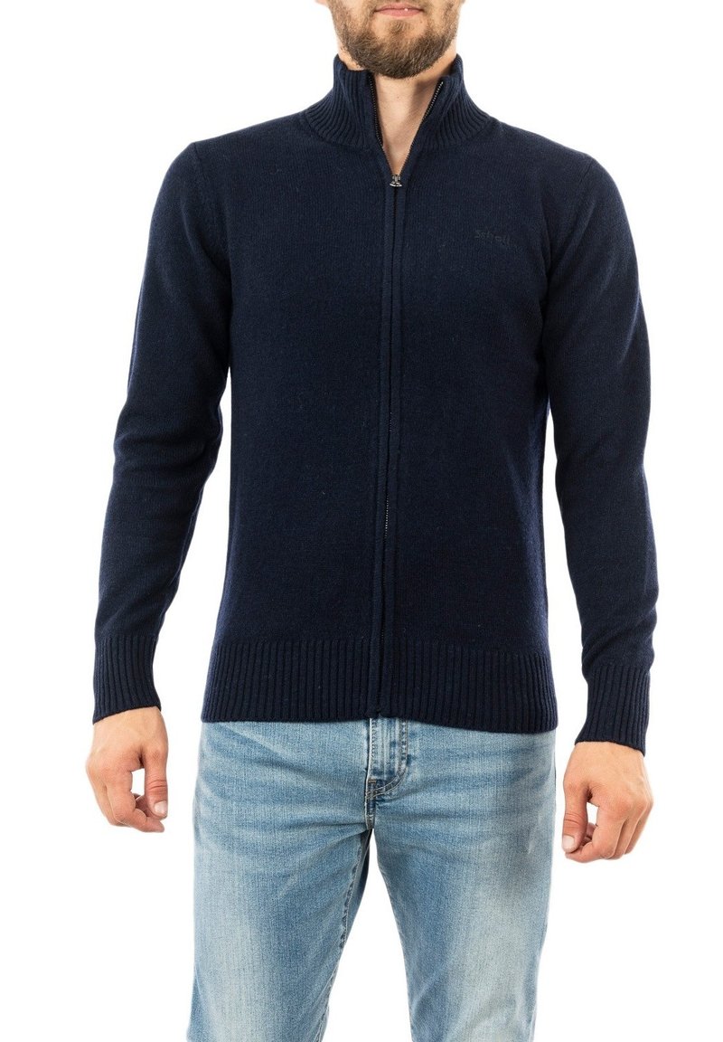Sweater zippé navy avec un col montant, un ourlet côtelé et des manches longues. Fabriqué en matériau doux, présentant un logo discret sur la poitrine.