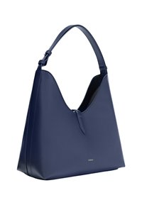 Borsa a tracolla in pelle blu scuro con una singola tracolla regolabile, discreto logo Furla in oro e apertura superiore a forma di V.