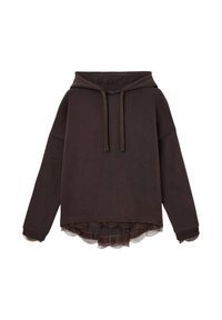 Dark brown hooded sweatshirt with drawstrings and lace trim detail at the hem and cuffs, displayed on white background.