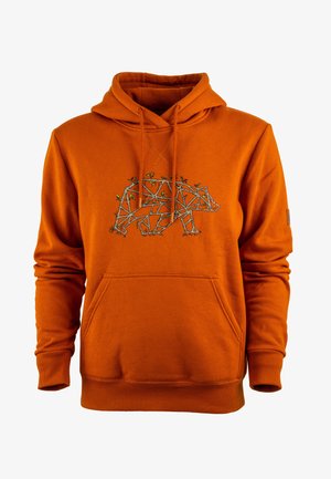 Orange Hoodie aus Fleece mit einer Kängurutasche vorne. Verfügt über ein Bärenmotiv, das aus Zweigen und Blättern besteht, was Textur und Detail verleiht.
