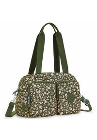 Kompaktowa torebka w zielono-beżowy kwiatowy wzór z podwójnymi przednimi kieszeniami na zamek, dwoma paskami na ramię i małym zawieszonym breloczkiem.