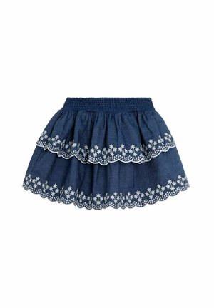 Denim-hame, jossa on kolme kerroksellista rypäleet, tummansininen väri, valkoiset kukkakirjontakoristelut ja joustava vyötärö.