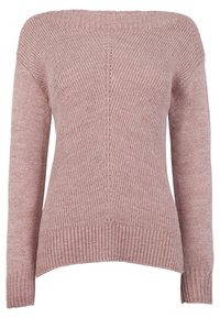 Suéter de punto rosa con un amplio escote desmontado. Diseño de acanalado vertical, mangas largas y un dobladillo ligeramente curvado en la parte inferior.
