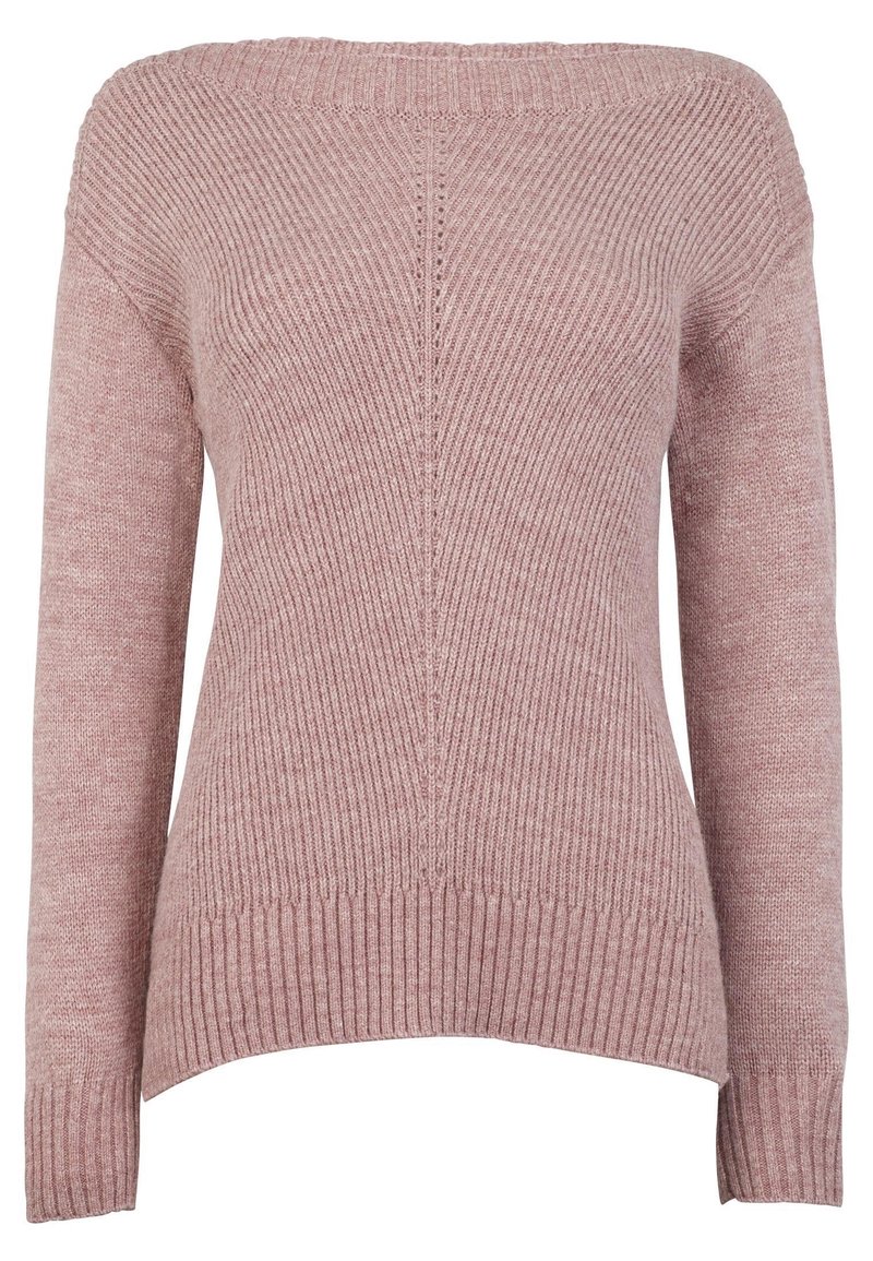 Suéter de punto rosa con un amplio escote desmontado. Diseño de acanalado vertical, mangas largas y un dobladillo ligeramente curvado en la parte inferior.
