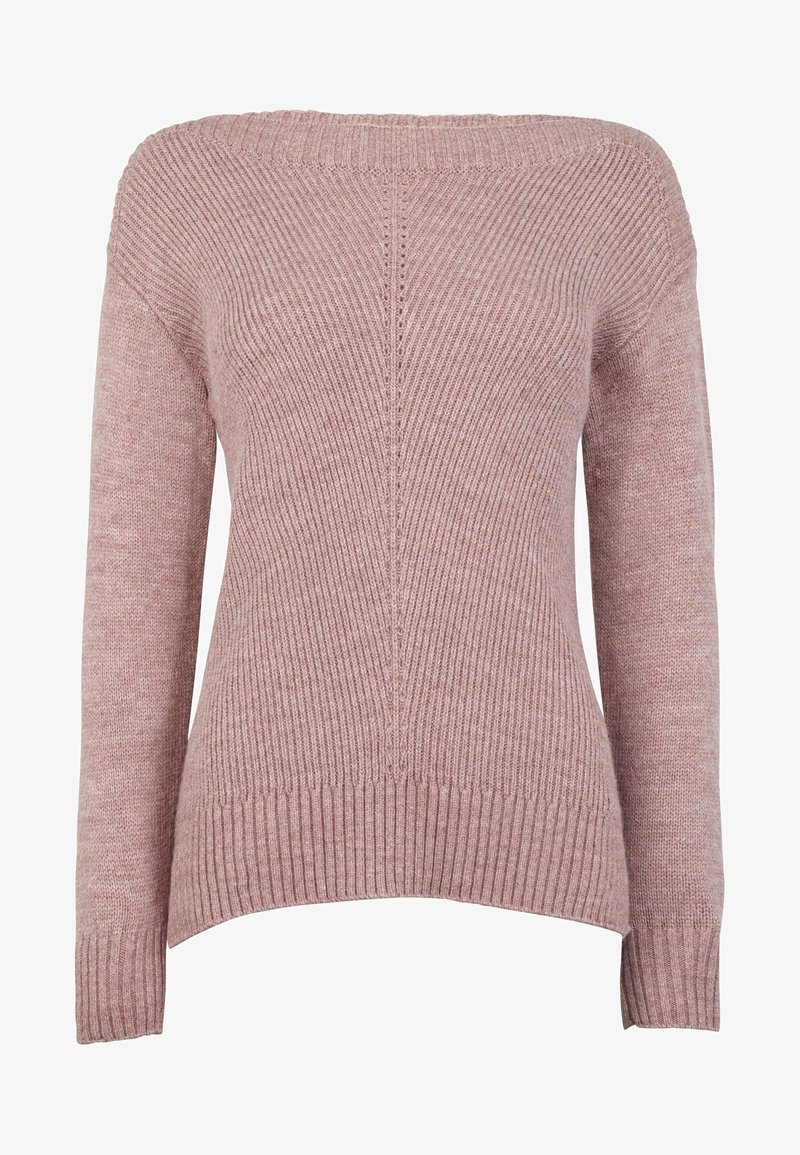 Maglione in maglia rosa con un ampio scollo a spalla scoperta. Design a costine verticali, maniche lunghe e orlo leggermente curvato nella parte inferiore.