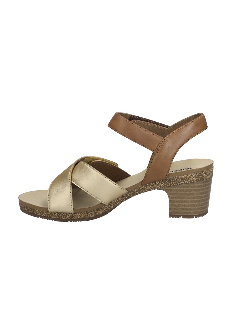 Dames sandaal met hakken, voorzien van gekruiste metaalachtige gouden en bruine banden, comfortabele binnenzool en een gestructureerde bruine hak.