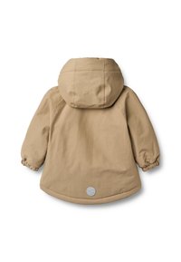 Béžová bunda s kapucí, elastickými manžetami a zaobleným lemem. Na zádech má kruhové logo, vyrobená z hladké, lehké tkaniny.