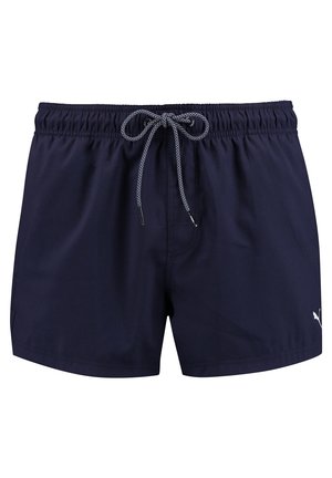 Navy swim shorts made of quick-drying material, featuring an elastic waistband with a drawstring, and a small logo detail on the side.