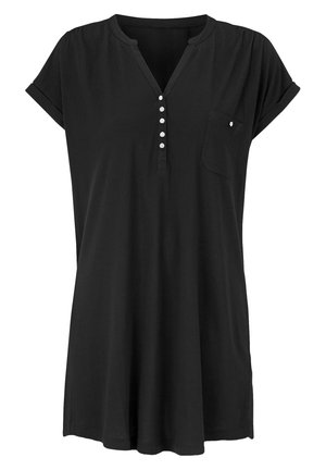 Schwarze Kurzarm-Tunika aus weichem Stoff, mit Henley-Kragen, fünf Knöpfen und einer Brusttasche mit Knopfakzent.