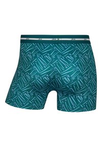 Boxer shorts made of soft fabric in dark teal, featuring a geometric pattern of light blue lines. Elastic waistband with the logo "JBS."