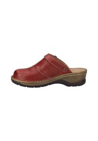 Red leather clog with a rounded toe, a side strap, contrasting stitching, and a textured brown wedge heel. Lightweight and slip-on design.