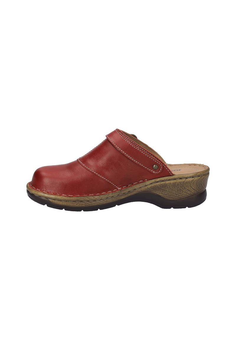 Red leather clog with a rounded toe, a side strap, contrasting stitching, and a textured brown wedge heel. Lightweight and slip-on design.