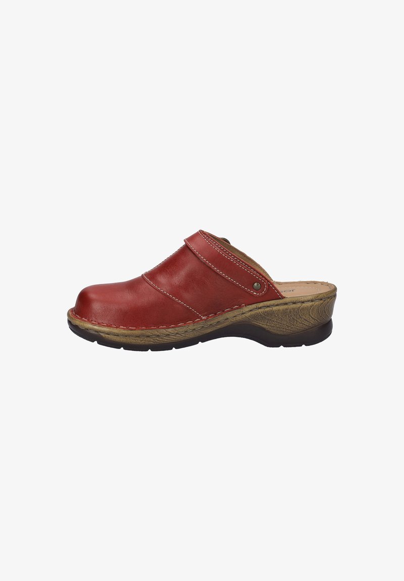 Red leather clog with a rounded toe, a side strap, contrasting stitching, and a textured brown wedge heel. Lightweight and slip-on design.