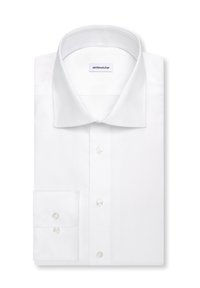 Chemise blanche pliée avec col ouvert et poignets boutonnés, étiquetée seidensticker.