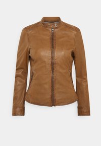 Brown leather jacket with a rounded collar, front zipper closure, and side pockets. Features a fitted design and smooth texture.