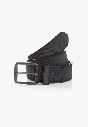 Black textured belt made of synthetic material, featuring a matte black metal buckle and smooth accents. Wrapped in a coiled design.