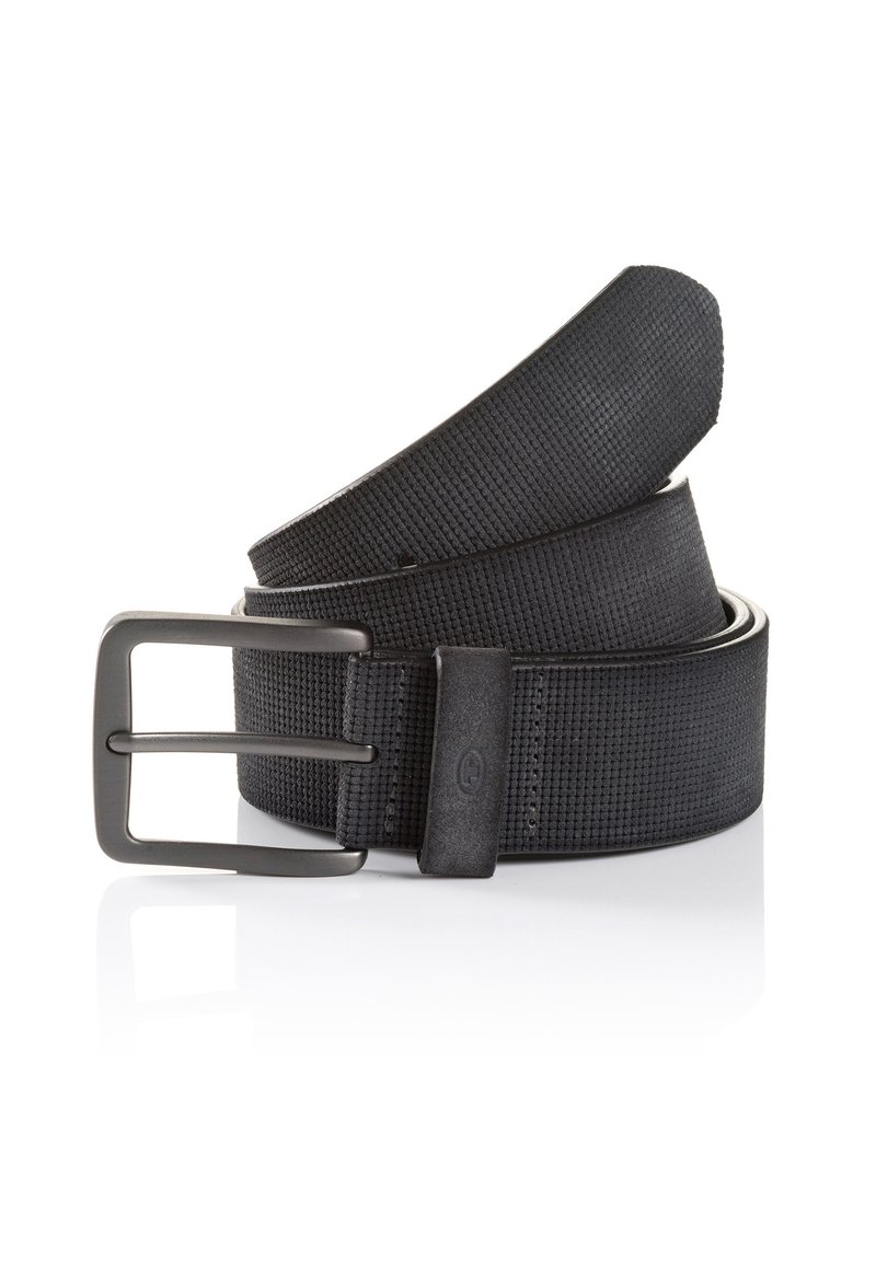 Ceinture noire texturée en matériau synthétique, dotée d'une boucle en métal noir mat et d'accents lisses. Enveloppée dans un design enroulé.