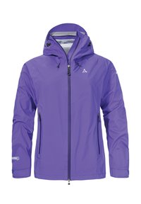 Purple waterproof jacket featuring a hood, front zipper, and two side pockets. Made of lightweight material with a smooth texture.