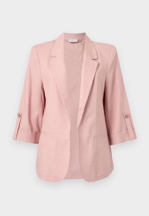 Veste pour femmes rose pâle avec manches trois-quarts, col à revers cranté, devant ouvert et pattes boutonnées aux manches.