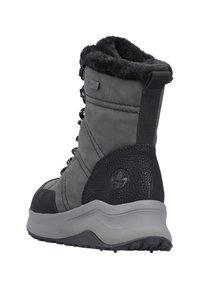 Szare wodoodporne buty z futerkiem, skórzanymi akcentami, okrągłymi sznurówkami i teksturowaną piętą. Gruba gumowa podeszwa zapewniająca przyczepność i wsparcie.