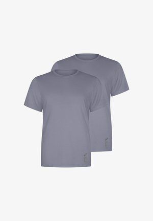 Graue Baumwoll-T-Shirts mit Rundhalsausschnitt und kurzen Ärmeln, auf der unteren linken Seite mit einem kleinen Logodetail versehen, glatte Textur, zwei T-Shirts abgebildet.
