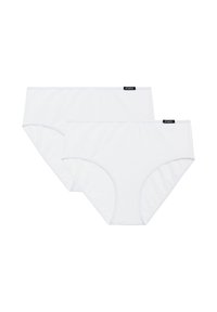 Białe bawełniane majtki, gładka faktura, średni stan, z elastycznym paskiem z czarną metką "ATLANTIC". W zestawie znajdują się dwie pary.