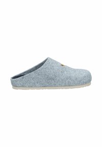 Gray felt clog with a rounded toe and open back. It features a light-colored rubber sole and a small, decorative accent on the upper.