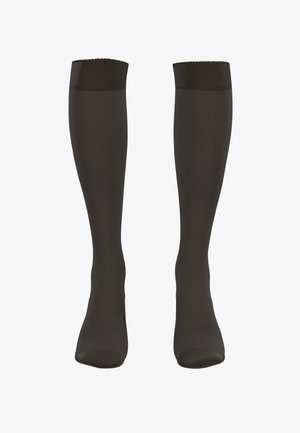 Sorte knæhøje strømper med en glat tekstur, bølgede topband og en tætsiddende pasform, der er designet til at følge benets konturer.