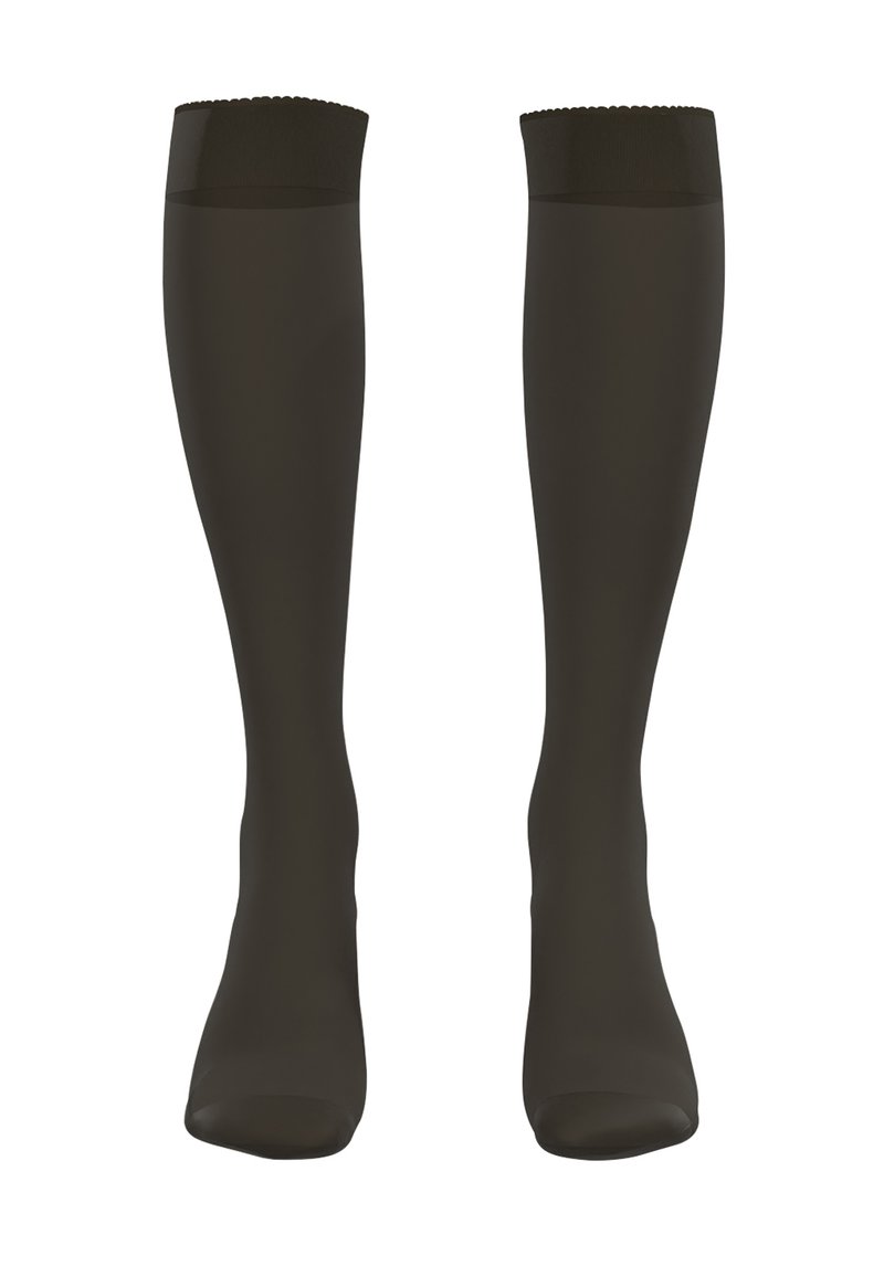 Svarta knähöga strumpor med en slät textur, scallop-mönstrad topp och en åtsittande form designad för att anpassa sig till benet.