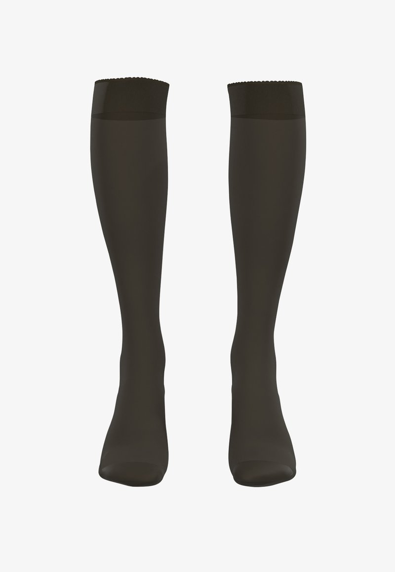 Calze nere fino al ginocchio con una consistenza liscia, bordo superiore a ondine e forma aderente progettata per adattarsi alla gamba.