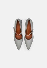 Zapatos Mary Jane de cuero gris con punta afilada, que presentan una delgada correa y una hebilla plateada, sobre un fondo claro.