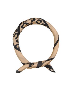 Beige og sort silketørklæde med leopardprint og diagonale striber, løst snoet i en løkke.