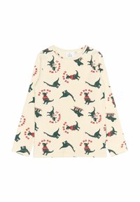 Kremowa koszula z długim rękawem z zabawnym wzorem zielonego dinozaura i psa, z czerwonym tekstem "HO HO HO" oraz "TO NIE BYŁO JA". Struktura ribbed.
