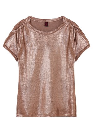 Kortærmet metallisk bronze bluse til kvinder med subtile skulderfolder og rund halsudskæring, lagt fladt på hvid baggrund.