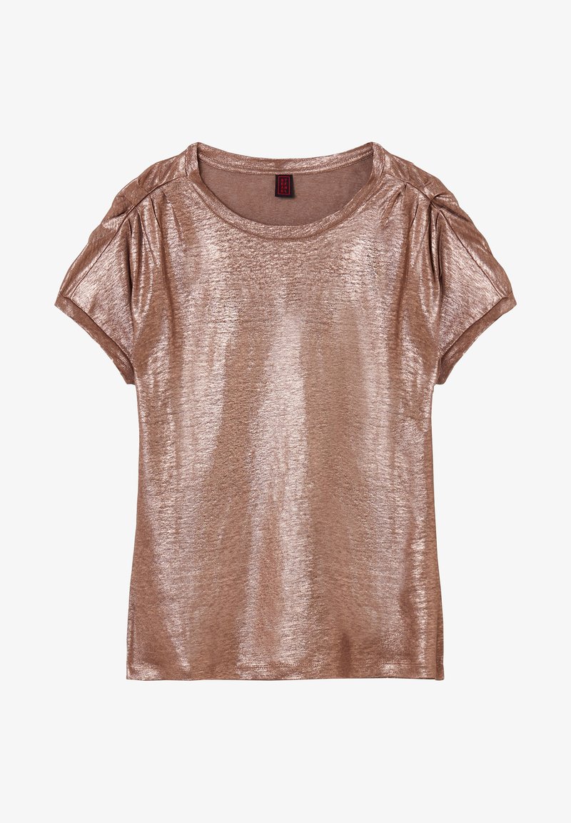 Blouse pour femme à manches courtes en bronze métallisé avec des plis subtils aux épaules et un col rond, étalée à plat sur un fond blanc.