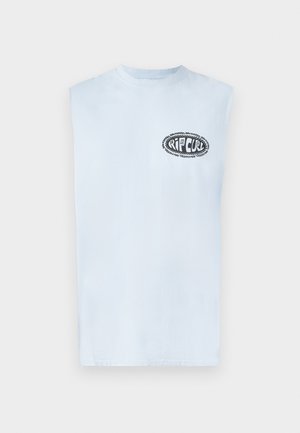 Light blue sleeveless T-shirt with a small black circular logo on the left chest that reads "RIP CURL RAW ENERGY."