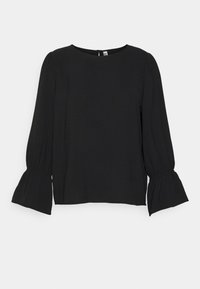Schwarze Bluse mit rundem Hals und langen, voluminösen Ärmeln, die an den Handgelenken schmaler werden. Der Stoff ist weich und hat eine leicht strukturierte Optik.