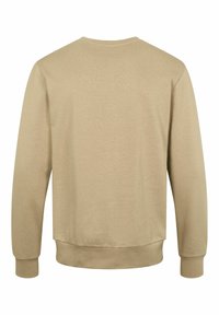 Beige sweatshirt met een ronde halslijn, lange mouwen en geribbelde manchetten. Glad textuur zonder patronen of accenten. Achteraanzicht getoond.